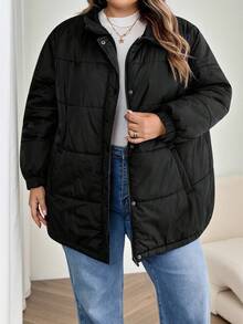 SHEIN CURVE+ Áo khoác đệm cỡ lớn dành cho nữ có cổ lông nhân tạo có thể tháo rời, màu đen - màu đen - Xem 8