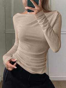DAZY Women's Elegant City Casual Slim Fit Off Shoulder Long Sleeve T-Shirt - Khaki - View 3