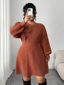 Elenzga Plus Size Knitted Dress, Round Neck, Lantern Sleeves, Handmade Floral Decor, A-Line, Solid Color, Autumn/Winter