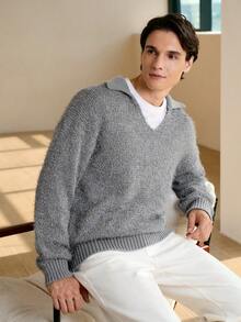 RONVEXI Suéter masculino de lã quente de cor sólida e manga comprida, moderno para outono/inverno - Cinza - Ver 4