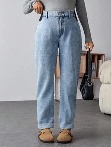 SHEIN Maternity Fall Autumn Winter Halloween Christmas New Year Thanksgiving Commuting Vacation Y2k Cute Streetwear Birthday Airport Party Old Money Work Casual Everyday Commute Versatile High Waist Cuffed Hem Straight Leg Jeans Thermal Lined Warm Jeans For Women High Waist Light Wash Elastic Denim Pants Cozy Winter Style Blue Jeans