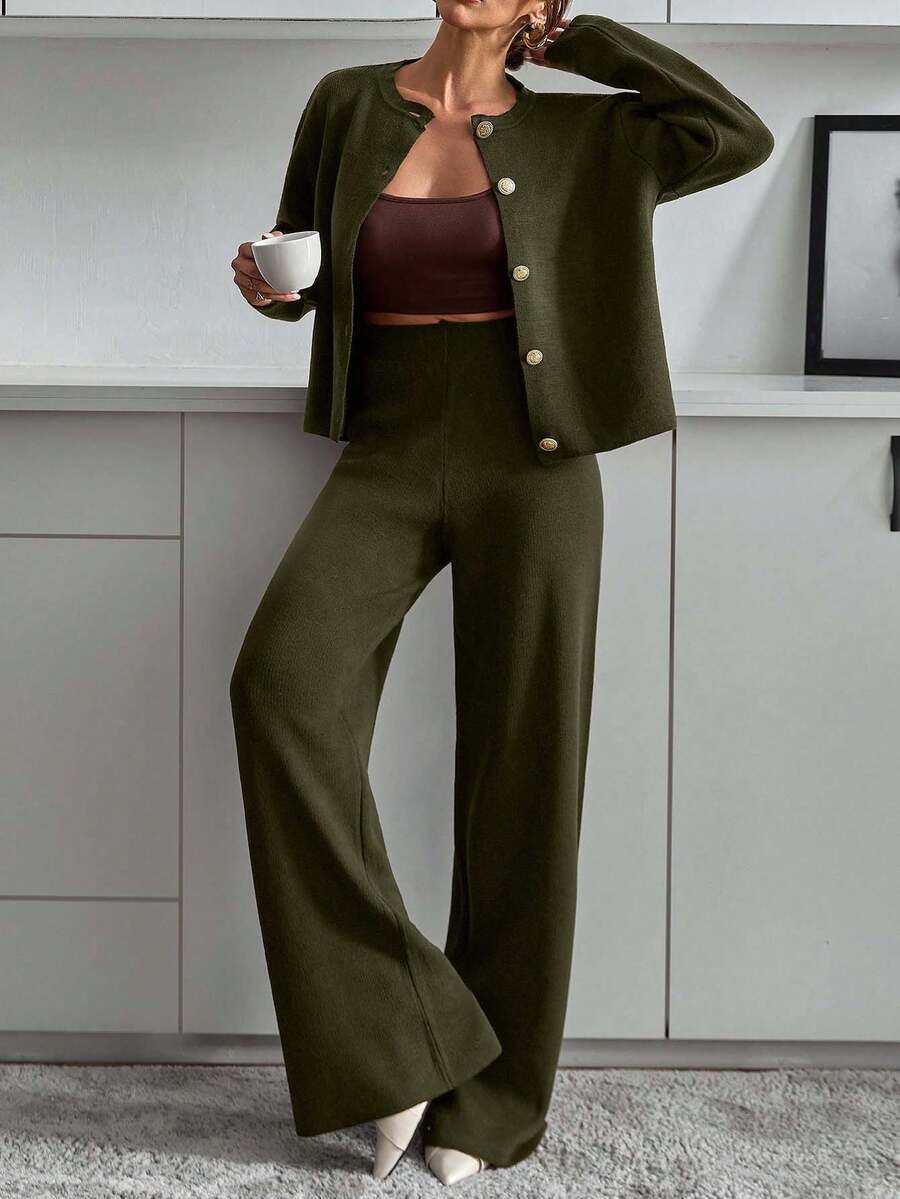 EURMUSE Women Button Front Cardigan And Sweater Pant 2pcs Set Co-Ords Two Pieces Set - Army Green - View 1