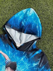 Captain Tsubasa X SHEIN 2 件青少年男孩运动休闲大翅膀人物图案激光背景连帽衫和运动裤套装 - 黑色 - 查看 4