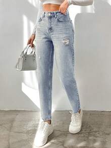 EURMUSE Jeans déchirés 100% coton décontractés et à la mode pour femmes - Jean clair - Voir 3