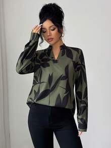 Elenzga Áo sơ mi dài tay tối giản in họa tiết ngẫu nhiên dành cho nữ - Màu xanh Ô liu - Xem 3