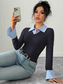SHEIN PETITE Women's Blue And White Stripe Collared Knitted T-Shirt,Effortless Chic Long Sleeve Flared Cuff Half-Placket Top For Office,Back-To-School,Autumn - Navy Blue - View 7