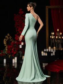 Glamrae Elegant Dark Green Textured Knit Dress,Handmade Sequin Applique Embellishments,One-Shoulder Puffy Long-Sleeved Fishtail Skirt With Train Evening Gown - Green - View 4