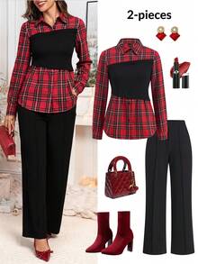 Gownix Plus Size Women's Black And Red Plaid Patchwork Shirt&Pants 2 Pieces Set,Chic Autumn Office Back-To-School Elegant Christmas New Year Party Clothes - Multicolor - View 3