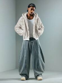 ROMWE MEN Street Life Men's Reversible Fleece Hooded Sweatshirt, Long Sleeve Top - Beige - View 3