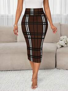 SHEIN Lady 新款加大码女式高腰印花格子优雅铅笔裙，棕白黑配色，新年毕业季长款夏季裙，圣诞节夏季裙，感恩节女式棕色裙，时尚系列 - 棕色 - 查看 5