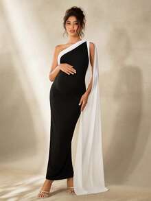 Cheriluna Maternity 孕妇写真连衣裙，蝴蝶结领，修身撞色长裙，后开衩 - 黑與白 - 查看 3