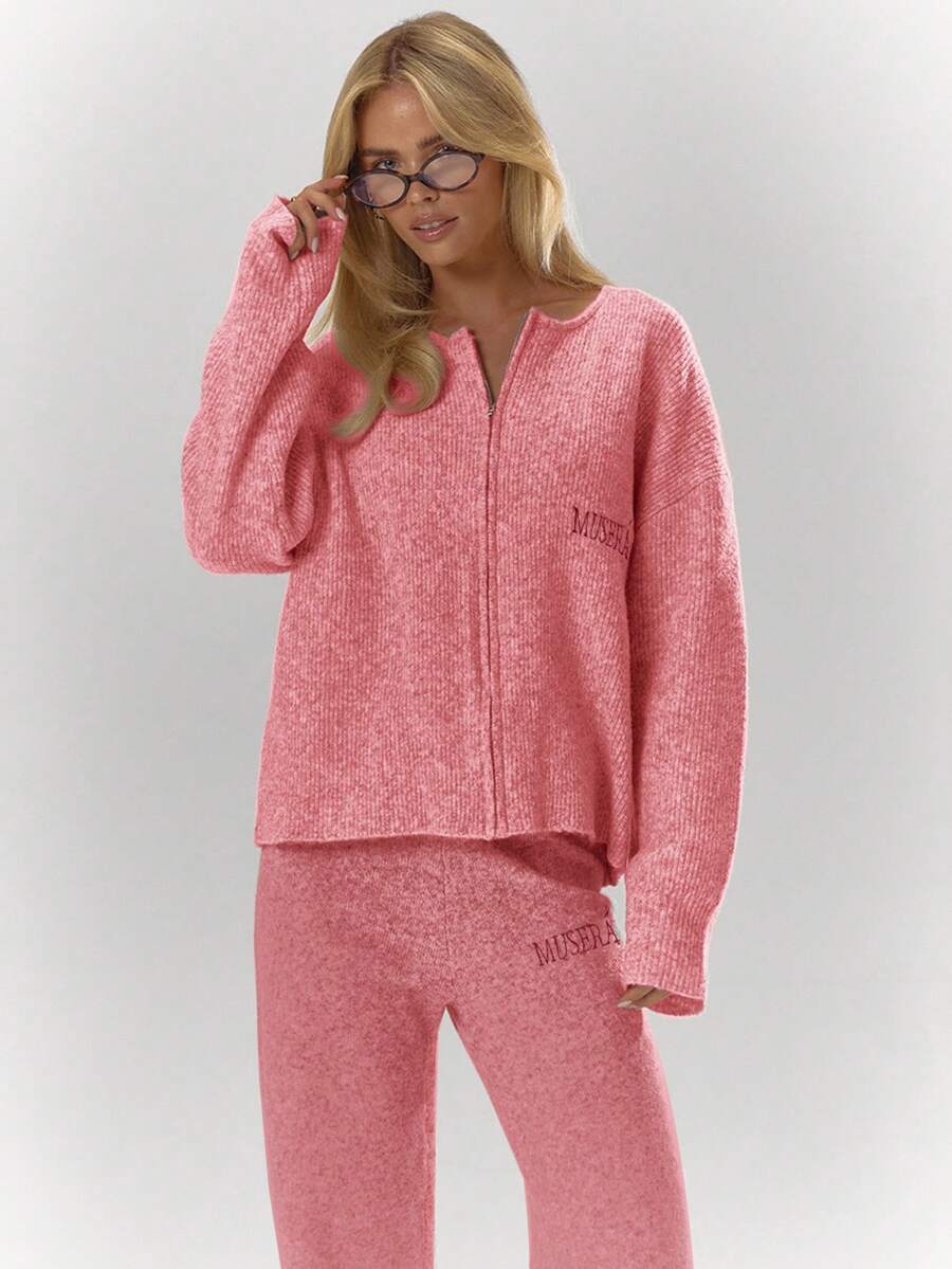 MUSERA Oversized Rib Knit Embroidered Zip Through Long Sleeve Cardigan Only Fall Autumn Cosy Cute Casual Coffee Club New Year Spring - Pink - View 1