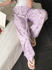 DAZY 女式格子花卉印花宽松睡裤，秋季 - 粉色 - 查看 3