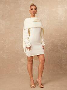 Lumalex VITNOS Women's Elegant Beige White Knit Mini Dress With Scarf,Long Flared Sleeves,Autumn Winter Clothes For Dinner Date,French Chic Party Looks - Apricot - View 6