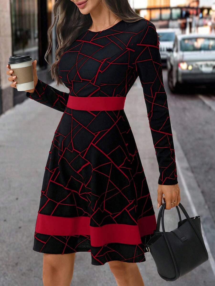 Editum 几何印花A字长袖连衣裙，黑色撞色连衣裙，女士秋冬连衣裙 - 紅色和黑色 - 查看 1