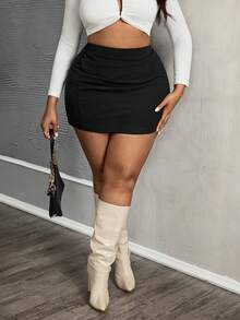 SHEIN PETITE CURVE 黑色弹力针织褶皱 A 字加大码半身裙，优雅百搭，适合日常穿着 - 黑色 - 查看 7