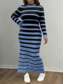 Flirla Vestido de punto de cuello alto, manga larga y ajustado con rayas para mujer de talla grande, otoño/invierno
