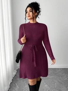 Elenzga Plus Size Solid Color Pleated Belted Fitted Long Sleeve Sweater Dress - Purple - View 1