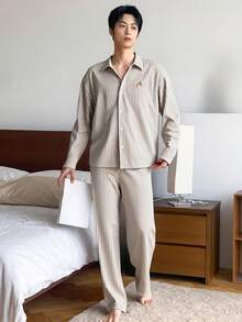 DAZY Men's Autumn Letter Embroidered Shirt And Striped Apricot Loungewear Set, Fall & Winter Clothes