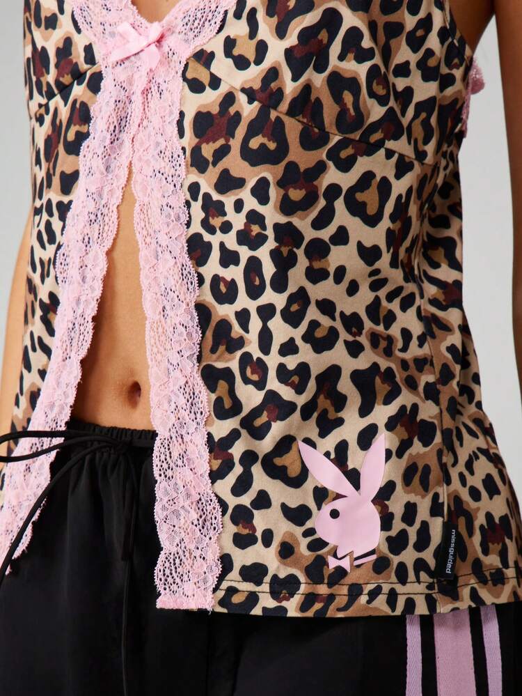 Missguided x Playboy Débardeur à imprimé léopard avec bordure en dentelle et col en V sans manches pour le port casual en été