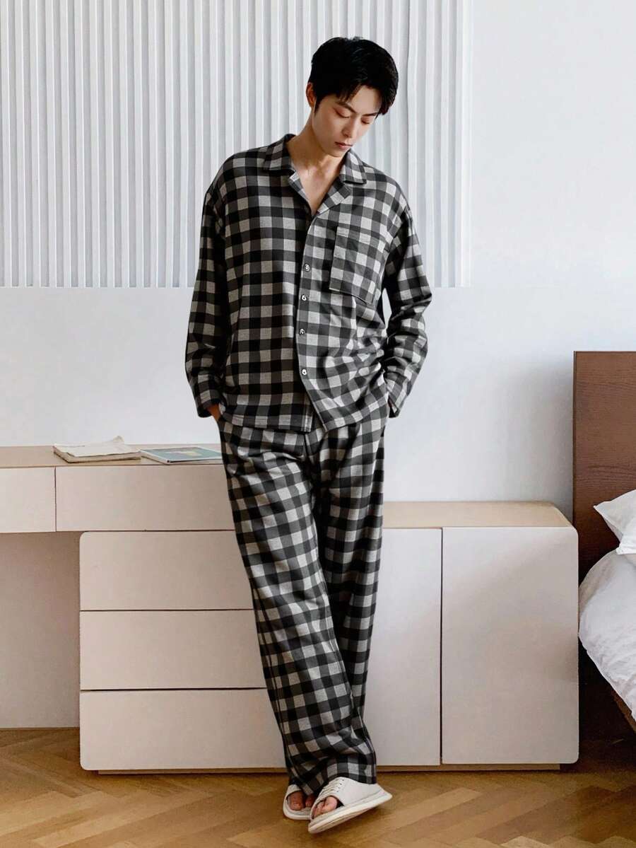 DAZY 男士格子衬衫和松紧腰裤家居服套装，秋季、秋冬季服装 - 彩色 - 查看 1