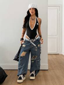 Coolane Women's Winter Clothes Going Out Vacation Outfits Streetwear Stretchy Deep V-Neck Halter Backless Bodysuit Jumpsuits