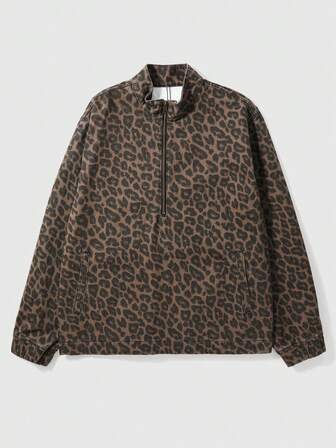 Men's Leopard Punk Print Half-Zip Long Sleeve Stand Collar Fashionable Versatile Denim Jacket