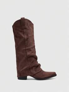 CUCCOO BIZCHIC 女式复古褶皱绒面革方头粗跟踝靴，秋季 - 棕色 - 查看 2