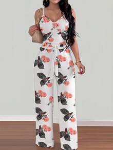 INAWLY Floral Print Strappy Elastic Waist Tie Front Wide Leg Women's Jumpsuit - White - View 3