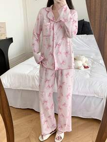SHEIN Teen Girls Pajamas, Dozemod Teen Girl, Valentine's Day Pink Minimalist Bow Pattern Lapel Button Pocket Long Sleeve Pants Loose Casual Sleepwear Set, 2pcs (Sibling Outfits Matching Outfits Sold Separately) Bow Print Pajamas Girl Sleep Wear Cute Pajama Set Pajamas Set Teen - Pink - View 4