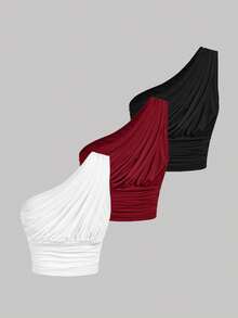 SHEIN MOD 3pcs Women's Elastic Fitted Short Ruffle Shoulder Tops,Red Top,Christmas,Red Tops For Women - Burgundy - View 2