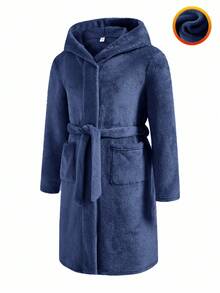 SHEIN Tween Boys' Casual Everyday Comfortable Loose Fit Turndown Collar Open Front Long Robe, Flannel Fabric Mid-Length Loungewear Boys Bathrobe Kids Bathrobe Kids Robes Boys Dark Blue Bathrobe Hooded Bathrobe Kids - Navy Blue - View 1