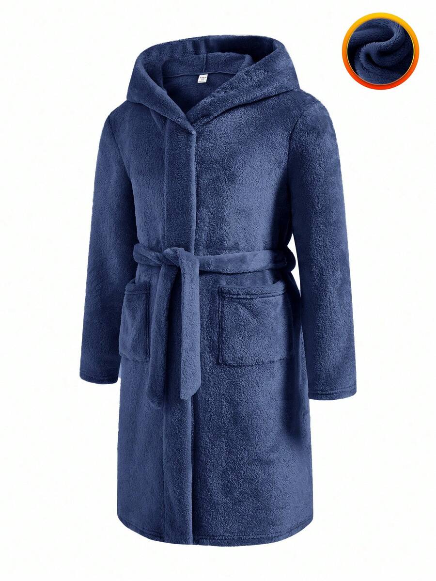 SHEIN Tween Boys' Casual Everyday Comfortable Loose Fit Turndown Collar Open Front Long Robe, Flannel Fabric Mid-Length Loungewear Boys Bathrobe Kids Bathrobe Kids Robes Boys Dark Blue Bathrobe Hooded Bathrobe Kids - Navy Blue - View 1