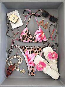 Swim SXY 2件套女士花卉豹纹性感系带比基尼套装 - 彩色 - 查看 3