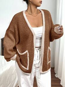 Lounesse Plus Size Casual Colorblock Drawstring Cardigan Sweater In Fall/Winter Brown Cardigan Brown Sweater Oversized Cardigan Sweater Cardigan Knit Cardigan - Multicolor - View 3