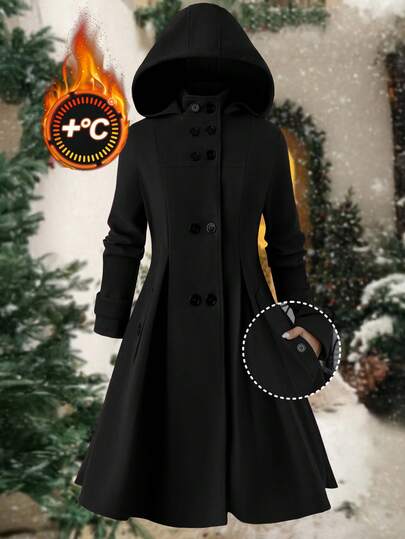 Ellevyn 大码女式纯色双排扣口袋褶皱连帽大衣，秋冬