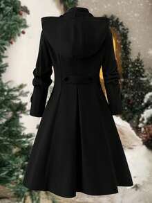 Ellevyn 大码女式纯色双排扣口袋褶皱连帽大衣，秋冬 - 黑色 - 查看 10