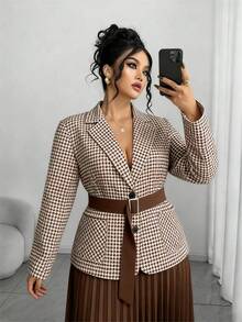 SHEIN Elenzya 2025秋季优雅休闲西装外套配腰带，时尚修身收腰千鸟格印花夹克和纯色百褶长裙两件套，休闲复古浪漫，适合日常穿着、约会、通勤 - 咖啡棕 - 查看 6