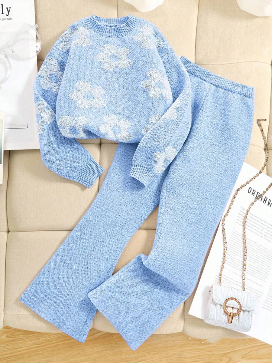 SHEIN Tween-Mädchen Lässiges Set aus blauem, geblümtem Jacquard-Pullover und weit geschnittener Hose, geeignet für drinnen und draußen, blau