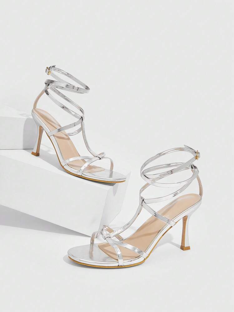 CUCCOO SZL Women's Pointed Toe Sexy Patent PU Leather Criss-Cross Buckle Strap Roman Party Style Stiletto High Heel Sandals