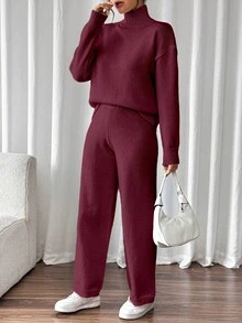 SHEIN LUNE 女式纯色高领落肩长袖毛衣和针织裤休闲两件套，秋冬 - 酒紅色 - 查看 4