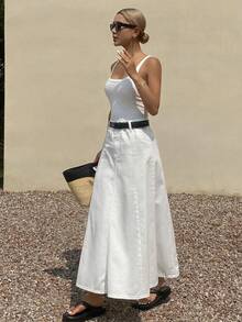 Dazy Tall 高个女式常规腰围褶裥长款休闲牛仔裙 - 白色 - 查看 9