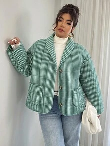 Calvaya 大码女式格子印花休闲宽松棉服外套，秋冬 - 綠色 - 查看 6