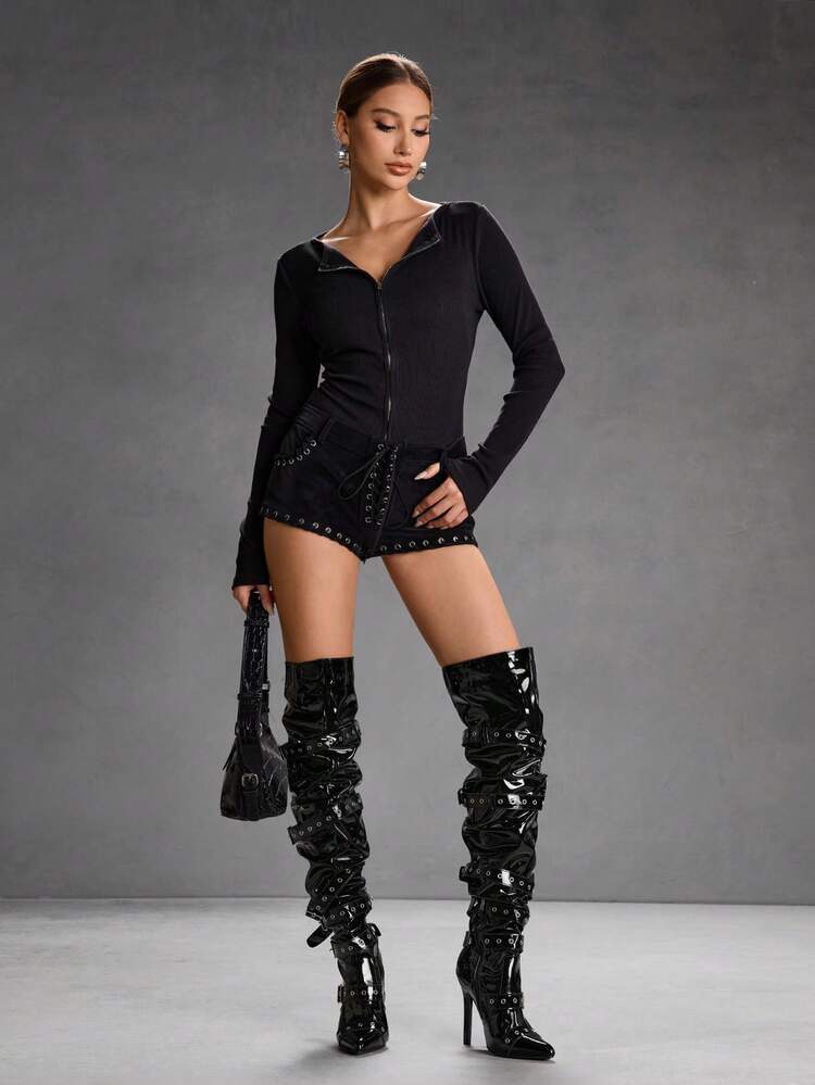 CUCCOO SZL Women's Sexy Black PU Leather Over-The-Knee Boots With Buckle, Side Zipper, Pleated Design, Suitable For Party, Pole Dancing, Dance, Autumn/Winter For Christmas Spring Shoes