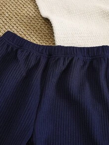 Elladie kids 2 件套女童简约时尚通勤拼接 3D 花卉装饰长袖上衣和喇叭裤套装，适合春秋季 - 藍色 - 查看 8