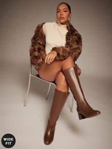 SHUZIA 女式宽筒时尚舒适及膝侧拉链粗跟靴 - 棕色 - 查看 1