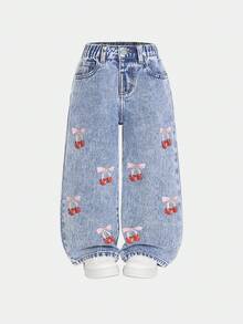 Elladie kids Jeans décontractés bleus polyvalents pour toutes les saisons, coupe ample, taille ajustée, style vintage délavé personnalisé avec fente à l'avant pour jeunes filles