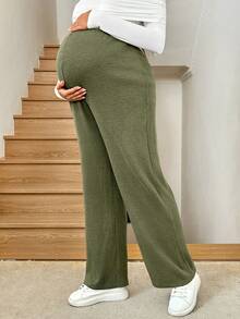 SHEIN Pantalones casuales rectos, sueltos y cómodos de cintura alta y unicolor para mujeres embarazadas - Verde - Ver 4