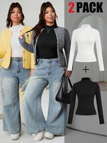 Solflare Plus Size Women's Solid Color Mandarin Collar Long Sleeve Casual Base Layer T-Shirt/Winter