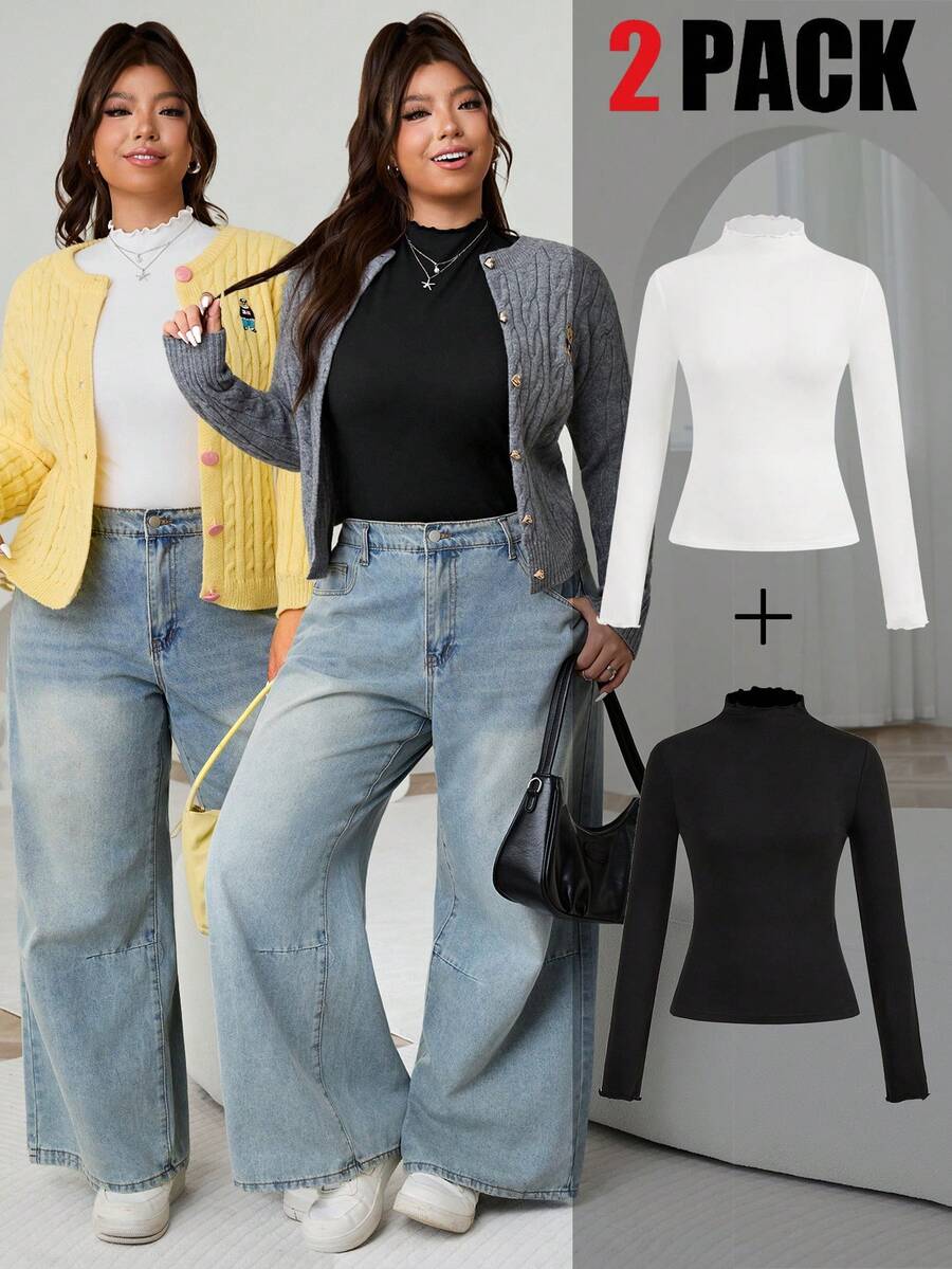 Solflare Plus Size Women's Solid Color Mandarin Collar Long Sleeve Casual Base Layer T-Shirt/Winter